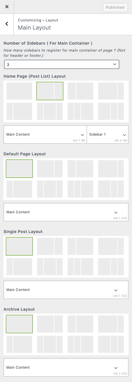 Main Layout settings